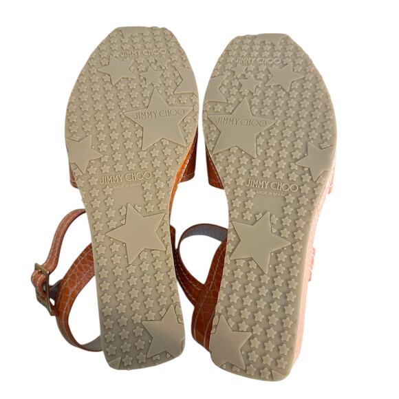 Jimmy Choo Croc Embossed Orange Leather Logo Wedge Sandals 40 - Picture 5 of 10